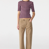 Bassike Retro Rib Stripe Mid Sleeve Top - Burgundy/White/Forest/Pink