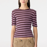 Bassike Retro Rib Stripe Mid Sleeve Top - Burgundy/White/Forest/Pink