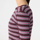 Bassike Retro Rib Stripe Mid Sleeve Top - Burgundy/White/Forest/Pink