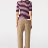 Bassike Retro Rib Stripe Mid Sleeve Top - Burgundy/White/Forest/Pink