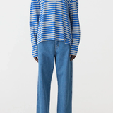Bassike Stripe Boyfreind L/S T-shirt - Cobalt/Grey Marl/Ink