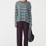 Bassike Stripe Boyfriend LS T-shirt - Dark Forest/Burgundy/White
