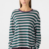 Bassike Stripe Boyfriend LS T-shirt - Dark Forest/Burgundy/White