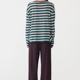 Bassike Stripe Boyfriend LS T-shirt - Dark Forest/Burgundy/White