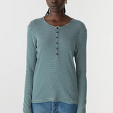 Bassike Stripe Placket LS T-shirt - Dark/Forest White