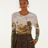 Farm Rio Jersey Blouse - Countryside Landscape Multi