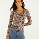 Farm Rio Long Sleeve Top - Rustic Flowers Winter White