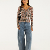 Farm Rio Long Sleeve Top - Rustic Flowers Winter White