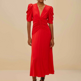 Farm Rio Midi Dress - Red Gathered