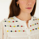 Farm Rio Off White Embrioded Beads Long Sleeve Blouse