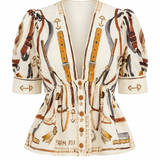 Farm Rio Short Sleeve Blouse - Equestrian Scarf Winter White
