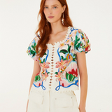 Farm Rio Short Sleeve Blouse - Garden Of Life Scarf Off White