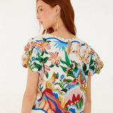 Farm Rio Short Sleeve Blouse - Garden Of Life Scarf Off White