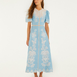 Farm Rio Short Sleeve Midi Dress - Light Blue Embroidery
