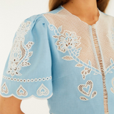 Farm Rio Short Sleeve Midi Dress - Light Blue Embroidery