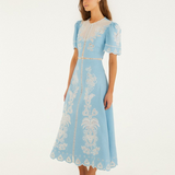 Farm Rio Short Sleeve Midi Dress - Light Blue Embroidery