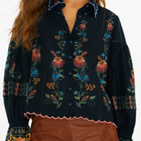Farm Rio Stitched Garden Navy Blue Blouse