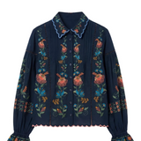 Farm Rio Stitched Garden Navy Blue Blouse