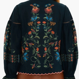 Farm Rio Stitched Garden Navy Blue Blouse