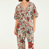 Farm Rio V Neckline Short Sleeve Jumpsuit - Francesca Sand