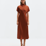 Malina Alivia Short Sleeve Satin Midi Dress - Rust