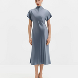 Malina Alivia Short Sleeve Satin Midi Dress - Steel Blue