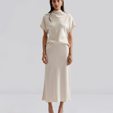 Malina Aubree Satin Midi Skirt - Vanilla