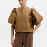 Malina Cleo Puff-Sleeve Satin Blouse - Camel