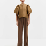 Malina Cleo Puff-Sleeve Satin Blouse - Camel