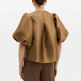 Malina Cleo Puff-Sleeve Satin Blouse - Camel