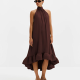 Malina Sabrina Halterneck Ruffled Midi Dress - Espresso