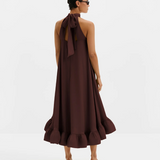 Malina Sabrina Halterneck Ruffled Midi Dress - Espresso