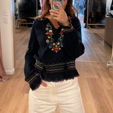 Rixo Sofira Top - Petunia Embroidery Navy