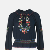 Rixo Sofira Top - Petunia Embroidery Navy