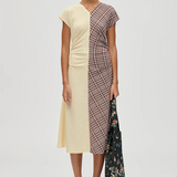 Stine Goya Ruched Waist Midi Dress - Brown and Yellow Checks