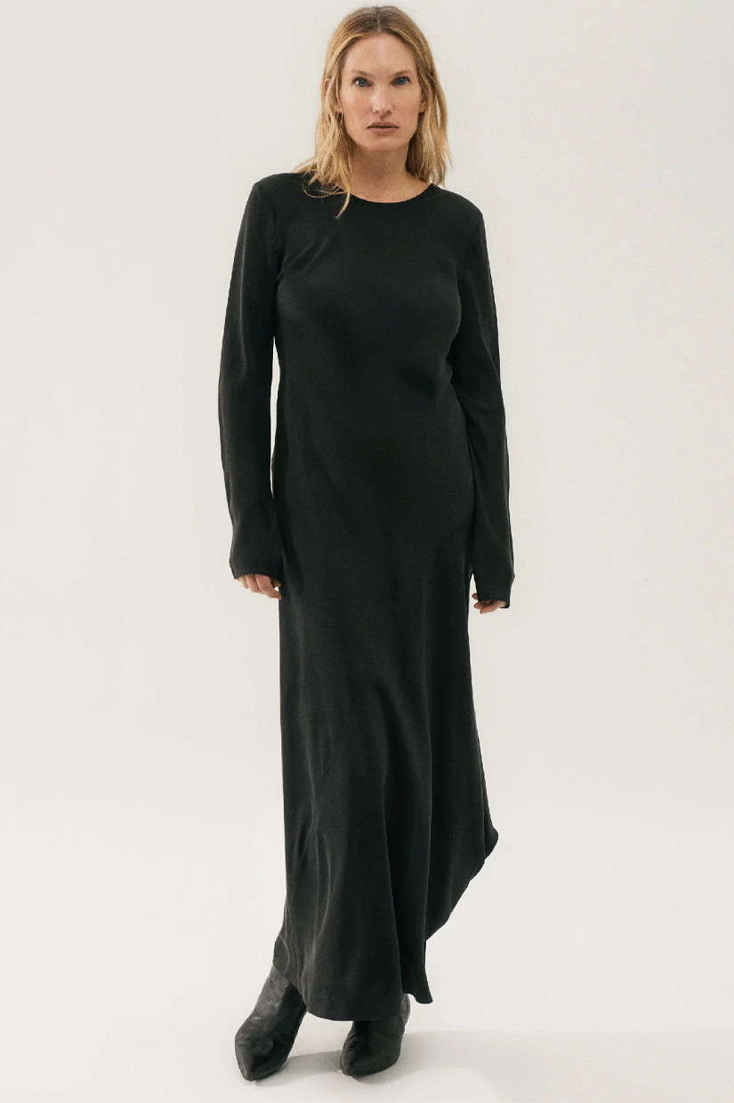 Silk Laundry Full Sleeve Bias Cut Dress Black CHAPMANSTORE.CO.NZ